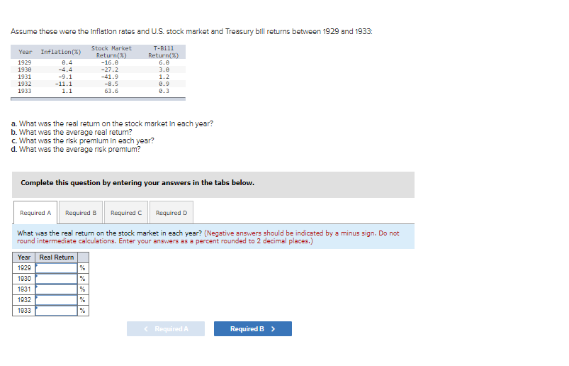 Assume these were the Inflation rates and U.S. stock market and Treasury bill returns between 1929 and 1933:
Stock Market
T-BI11
Year
Inflation(%)
Return(X)
Return(%)
6.e
1929
e.4
-16.e
1930
-4.4
-27.2
3.e
1931
-9.1
-41.9
1.2
1932
-11.1
-8.5
0.9
1933
1.1
63.6
e.3
a. What was the real return on the stock market in each year?
b. What was the average real return?
c. What was the risk premlum in each year?
d. What was the average risk premlum?
Complete this question by entering your answers in the tabs below.
Required A
Required B
Required C
Required D
What was the real return on the stock market in each year? (Negative answers should be indicated by a minus sign. Do not
round intermediate calculations. Enter your answers as a percent rounded to 2 decimal places.)
Year
Real Return
%
%
%
1929
1930
1931
1932
1933
%
< Required A
Required B >
