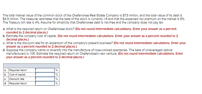 The total market value of the common stock of the Okefenokee Real Estate Company is $7.5 million, and the total value of Its debt is
$4.9 million. The treasurer estimates that the beta of the stock is currently 1.8 and that the expected risk premlum on the market is 9%.
The Treasury bill rate is 4%. Assume for simplicity that Okefenokee debt is risk-free and the company does not pay tax.
a. What is the required return on Okefenokee stock? (Do not round intermediate calculations. Enter your answer as a percent
rounded to 2 decimal places.)
b. Estlmate the company cost of capital. (Do not round intermediate calculations. Enter your answer as a percent rounded to 2
decimal places.)
c. What is the discount rate for an expanslon of the company's present business? (Do not round Intermedlate calculations. Enter your
answer as a percent rounded to 2 decimal places.)
d. Suppose the company wants to diversify Into the manufacture of rose-colored spectacles. The beta of unleveraged optical
manufacturers is 1.05. Estimate the required return on Okefenokee's new venture. (Do not round intermediate calculations. Enter
your answer as a percent rounded to 2 decimal places.)
a. Required return
b. Cost of capital
%
C.
Discount rate
%
d. Required return
