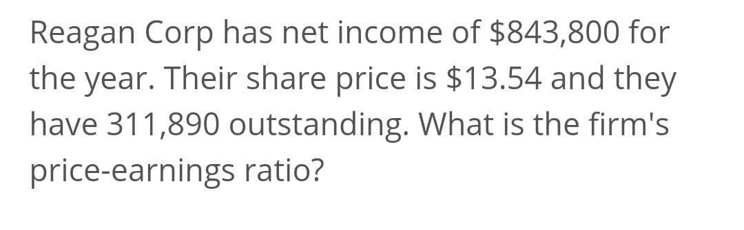 Reagan Corp has net income of $843,800 for
the year. Their share price is $13.54 and they
have 311,890 outstanding. What is the firm's
price-earnings ratio?
