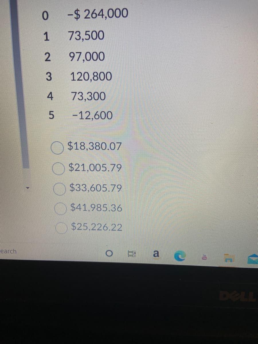 -$264,000
1
73,500
97,000
120,800
4
73,300
-12,600
$18,380.07
$21,005.79
$33,605.79
O $41,985.36
$25,226.22
earch
a
DELL
