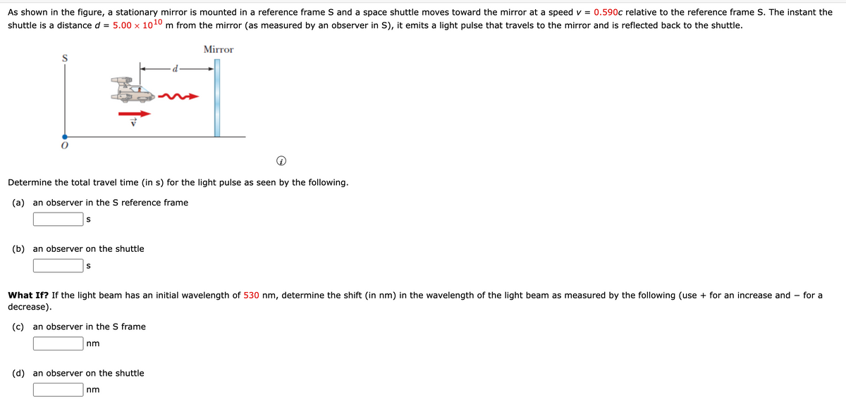 As shown in the figure, a stationary mirror is mounted in a reference frame S and a space shuttle moves toward the mirror at a speed v = 0.590c relative to the reference frame S. The instant the
shuttle is a distance d = 5.00 × 10¹0 m from the mirror (as measured by an observer in S), it emits a light pulse that travels to the mirror and is reflected back to the shuttle.
Determine the total travel time (in s) for the light pulse as seen by the following.
(a) an observer in the S reference frame
S
(b) an observer on the shuttle
S
What If? If the light beam has an initial wavelength of 530 nm, determine the shift (in nm) in the wavelength of the light beam as measured by the following (use + for an increase and
decrease).
(c) an observer in the S frame
nm
Mirror
(d) an observer on the shuttle
nm
for a