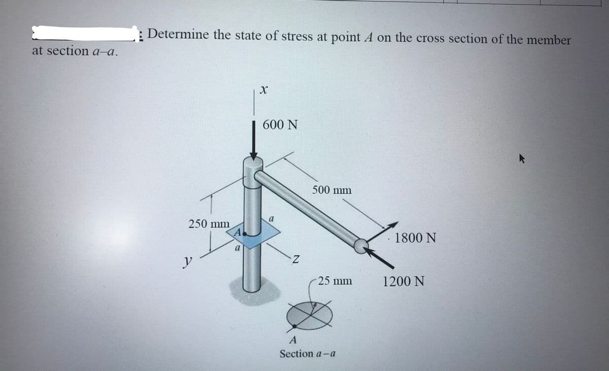 : Determine the state of stress at point A on the cross section of the member
at section a-a.
600 N
500 mm
250 mm
1800 N
a
25 mm
1200 N
Section a-a
