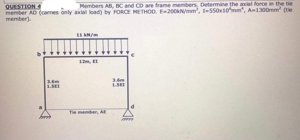 QUESTION 4
member AD (carries only axial load) by FORCE METHOD. E=200KN/mm2, I=550x10°mm“, A=1300mm2 (tie
member).
Members AB, BC and CD are frame members. Determine the axial force in the tie
11 kN/m
C
12m, EI
3.6m
1.5EI
3.6m
1.5EI
d.
Tie member, AE
