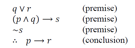 (premise)
(premise)
(premise)
(conclusion)
q Vr
(p ^ q) → s
: p →r
p →r
