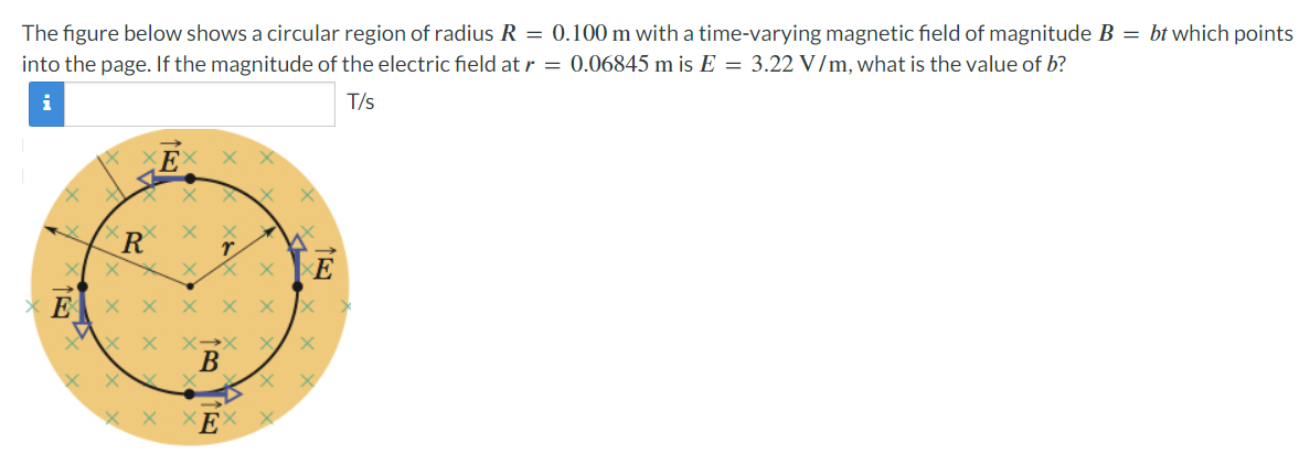 The figure below shows a circular region of radius R =
into the page. If the magnitude of the electric field at r
i
0.100 m with a time-varying magnetic field of magnitude B = br which points
= 0.06845 m is E = 3.22 V/m, what is the value of b?
T/s
E
X X
TE
+ R
X X
XXX
X X
E
X
XX
XX
r
×
X X
X
X X X
B
× X XE
X