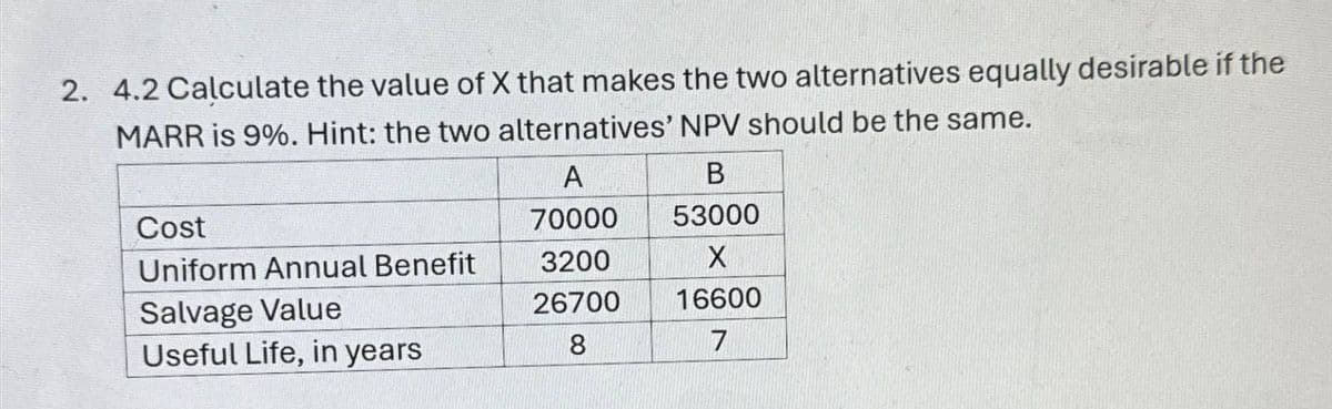 2. 4.2 Calculate the value of X that makes the two alternatives equally desirable if the
MARR is 9%. Hint: the two alternatives' NPV should be the same.
A
B
Cost
70000
53000
Uniform Annual Benefit
3200
X
Salvage Value
26700
16600
Useful Life, in years
8
7