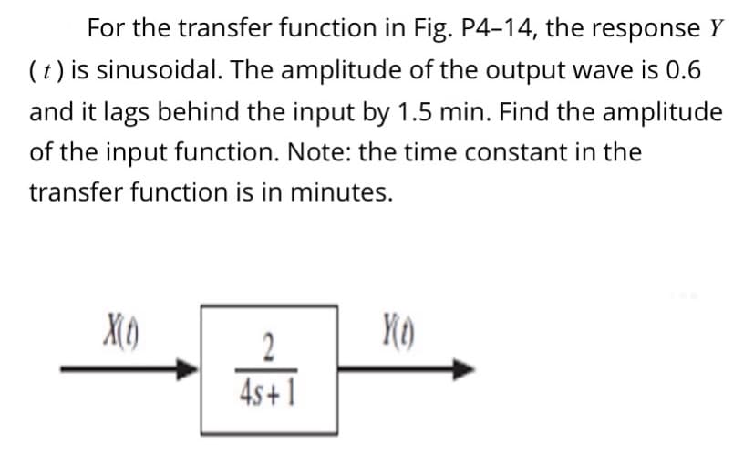 For the transfer function in Fig. P4-14, the response Y
(t) is sinusoidal. The amplitude of the output wave is 0.6
and it lags behind the input by 1.5 min. Find the amplitude
of the input function. Note: the time constant in the
transfer function is in minutes.
2
4s+1
