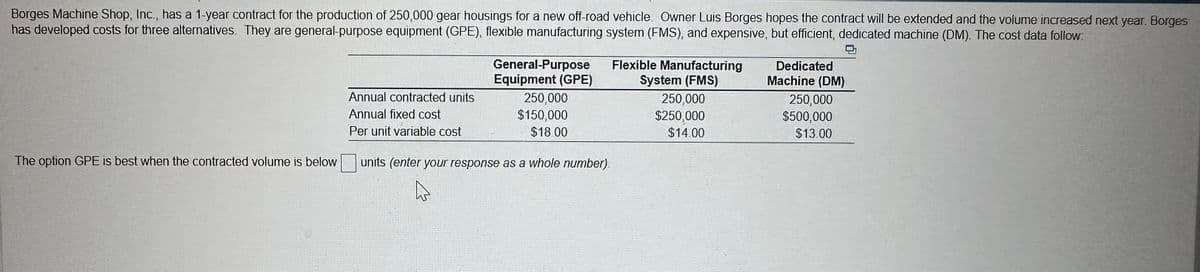 Borges Machine Shop, Inc., has a 1-year contract for the production of 250,000 gear housings for a new off-road vehicle. Owner Luis Borges hopes the contract will be extended and the volume increased next year. Borges
has developed costs for three alternatives. They are general-purpose equipment (GPE), flexible manufacturing system (FMS), and expensive, but efficient, dedicated machine (DM). The cost data follow:
The option GPE is best when the contracted volume is below
Annual contracted units
Annual fixed cost
Per unit variable cost
General-Purpose
Equipment (GPE)
250,000
$150,000
$18.00
units (enter your response as a whole number).
Flexible Manufacturing
System (FMS)
250,000
$250,000
$14.00
Dedicated
Machine (DM)
250,000
$500,000
$13.00