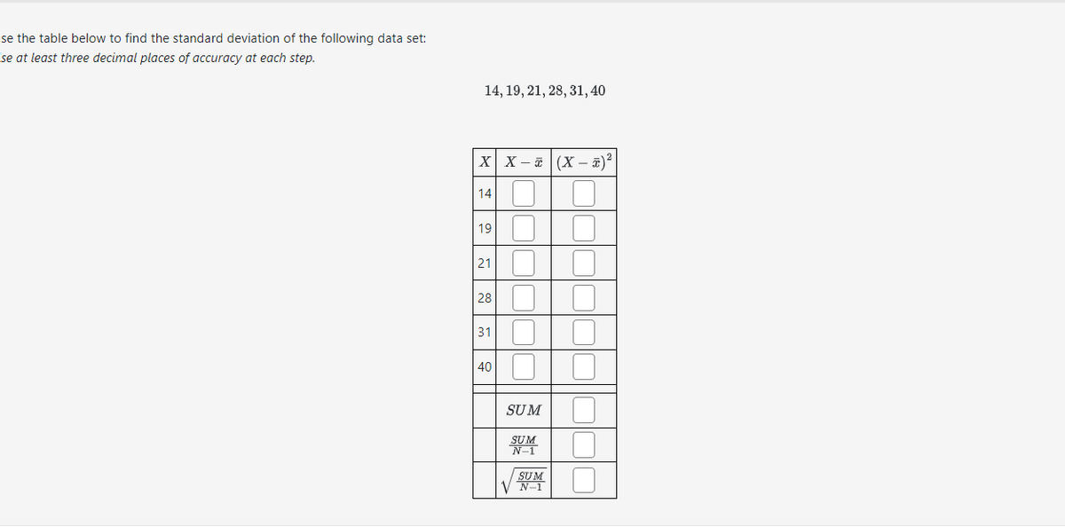 se the table below to find the standard deviation of the following data set:
se at least three decimal places of accuracy at each step.
14, 19, 21, 28, 31, 40
X X(X - π)²
14
19
21
28
31
40
SUM
SUM
N-1
SUM