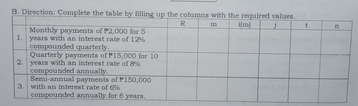 B. Direction: Complete the table by filling up the columns with the required values.
R
i(m)
im
Monthly payments of P2,000 for 5
1. years with an interest rate of 12%
compounded quarterly.
Quarterly payments of P15,000 for 10
2. years with an interest rate of 8%
compounded annually.
Semi-annual payments of P150,000
3. with an interest rate of 6%
compounded annually for 6 years.
