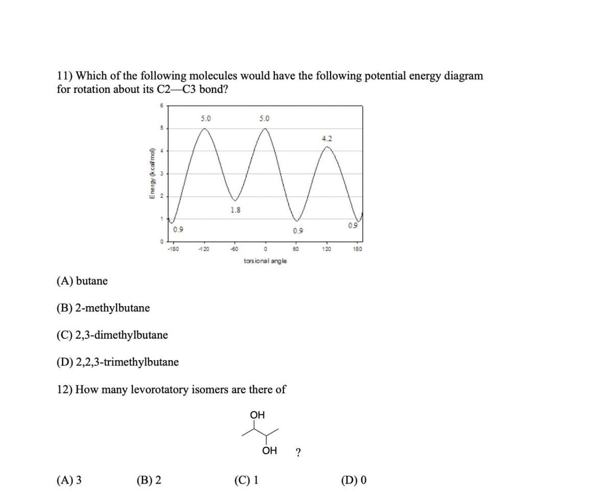 11) Which of the following molecules would have the following potential energy diagram
for rotation about its C2-C3 bond?
Energy (kcal/mol)
(A) 3
6
5
0
0.9
(B) 2
-180
5.0
-120
1.8
-60
5.0
(A) butane
(B) 2-methylbutane
(C) 2,3-dimethylbutane
(D) 2,2,3-trimethylbutane
12) How many levorotatory isomers are there of
0
torsional angle
OH
(C) 1
OH
0.9
60
?
4.2
120
09
180
(D) 0