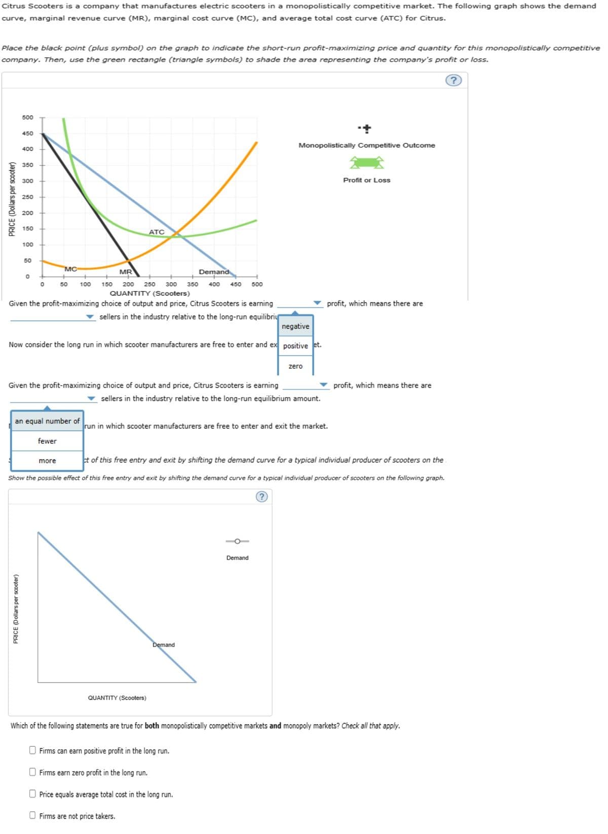 Citrus Scooters is a company that manufactures electric scooters in a monopolistically competitive market. The following graph shows the demand
curve, marginal revenue curve (MR), marginal cost curve (MC), and average total cost curve (ATC) for Citrus.
Place the black point (plus symbol) on the graph to indicate the short-run profit-maximizing price and quantity for this monopolistically competitive
company. Then, use the green rectangle (triangle symbols) to shade the area representing the company's profit or loss.
PRICE (Dollars per scooter)
500
450
400
350
300
PRICE (Dollars per scooter)
250
200
150
100
50
MR
Demand
50 100 150 200 250 300 350 400 450 500
QUANTITY (Scooters)
Given the profit-maximizing choice of output and price, Citrus Scooters is earning
sellers in the industry relative to the long-run equilibriu
0
0
MC
negative
Now consider the long run in which scooter manufacturers are free to enter and ex positive et.
Given the profit-maximizing choice of output and price, Citrus Scooters is earning
an equal number of
fewer
ATC
more
sellers in the industry relative to the long-run equilibrium amount.
QUANTITY (Scooters)
run in which scooter manufacturers are free to enter and exit the market.
Demand
Monopolistically Competitive Outcome
ct of this free entry and exit by shifting the demand curve for a typical individual producer of scooters on the
Show the possible effect of this free entry and exit by shifting the demand curve for a typical individual producer of scooters on the following graph.
Firms can earn positive profit in the long run.
Firms earn zero profit in the long run.
zero
Demand
Price equals average total cost in the long run.
Firms are not price takers.
?
Profit or Loss
profit, which means there are
profit, which means there are
Which of the following statements are true for both monopolistically competitive markets and monopoly markets? Check all that apply.
?