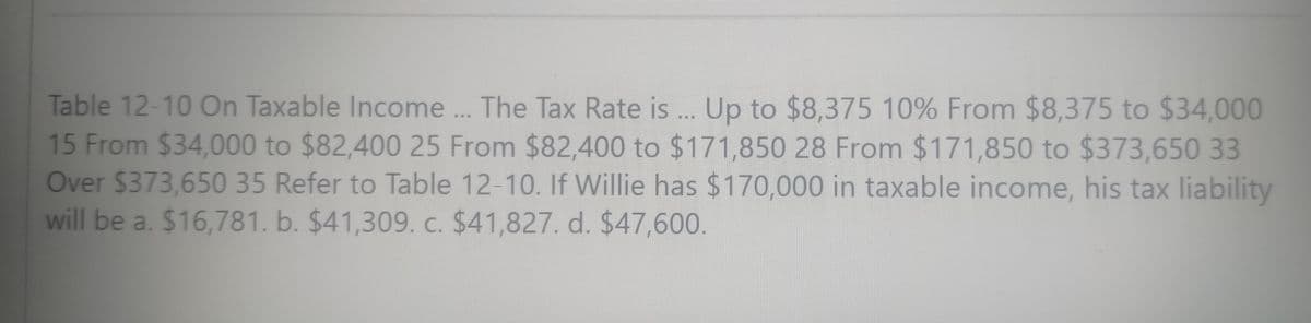 Table 12-10 On Taxable Income ... The Tax Rate is.. Up to $8,375 10% From $8,375 to $34,000
15 From $34,000 to $82,400 25 From $82,400 to $171,850 28 From $171,850 to $373,650 33
Over $373,650 35 Refer to Table 12-10. If Willie has $170,000 in taxable income, his tax liability
will be a. $16,781. b. $41,309. c. $41,827. d. $47,600.
