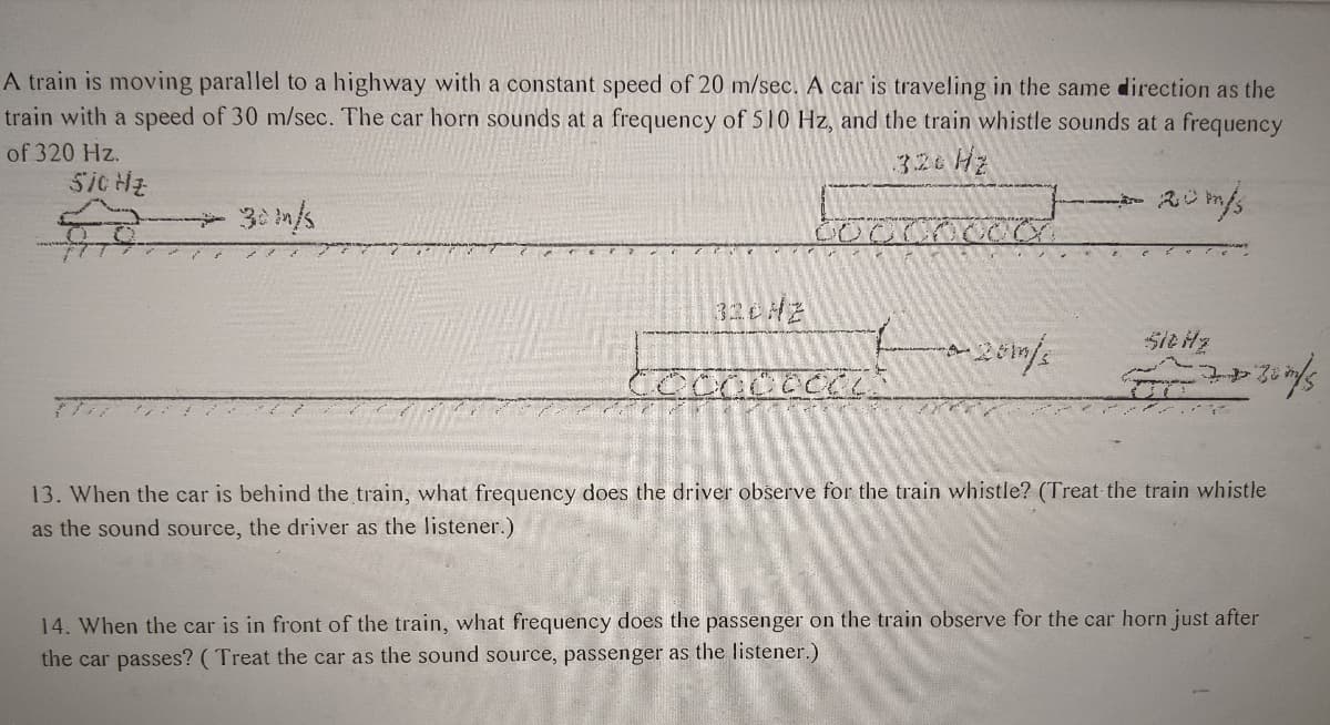 A train is moving parallel to a highway with a constant speed of 20 m/sec. A car is traveling in the same direction as the
train with a speed of 30 m/sec. The car horn sounds at a frequency of 510 Hz, and the train whistle sounds at a frequency
of 320 Hz.
3.26 Hz
