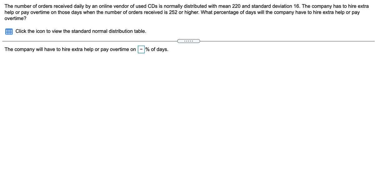 The number of orders received daily by an online vendor of used CDs is normally distributed with mean 220 and standard deviation 16. The company has to hire extra
help or pay overtime on those days when the number of orders received is 252 or higher. What percentage of days will the company have to hire extra help or pay
overtime?
Click the icon to view the standard normal distribution table.
... ..
The company will have to hire extra help or pay overtime on
% of days.
