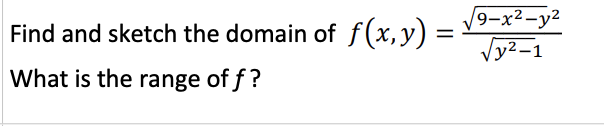 Find and sketch the domain of f(x, y) =
V9-x²-y²
/y²-1
What is the range of f ?
