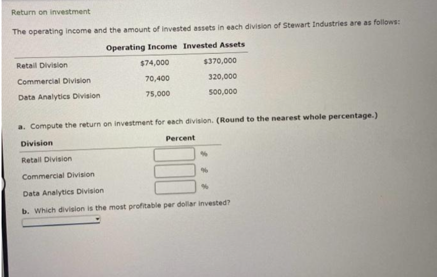 Return on investment
The operating income and the amount of invested assets in each division of Stewart Industries are as follows:
Operating Income Invested Assets
$74,000
70,400
75,000
Retail Division
Commercial Division
Data Analytics Division
$370,000
320,000
500,000
a. Compute the return on investment for each division. (Round to the nearest whole percentage.)
Division
Percent
Retall Division
%
%
Commercial Division
Data Analytics Division
b. Which division is the most profitable per dollar invested?
%