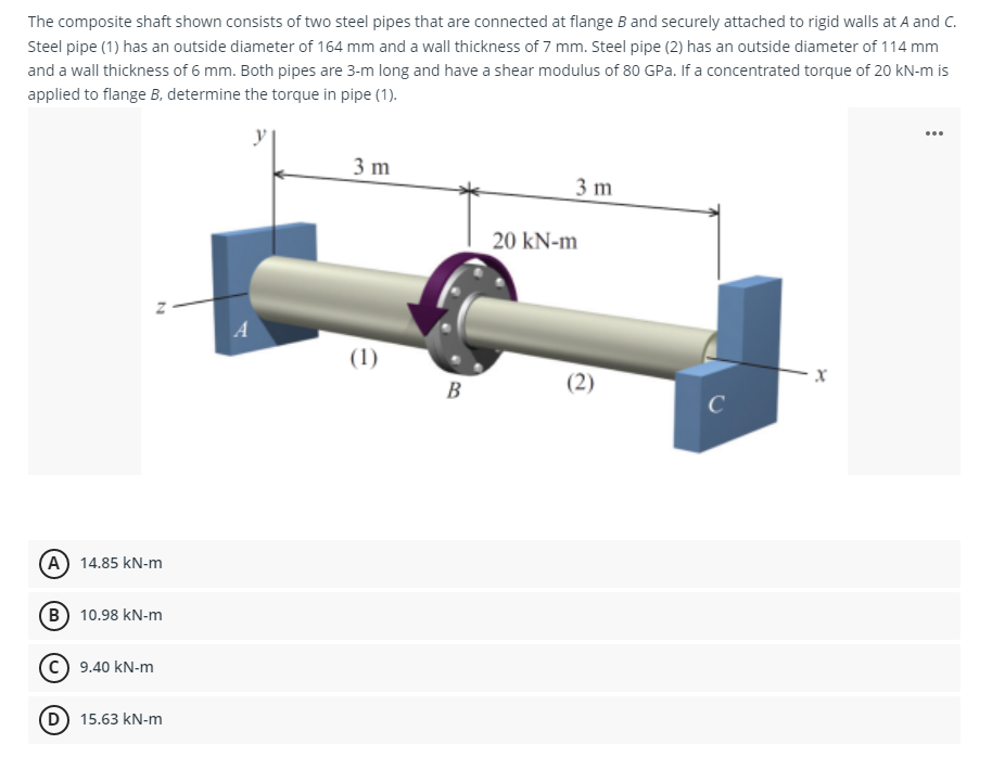 The composite shaft shown consists of two steel pipes that are connected at flange B and securely attached to rigid walls at A and C.
Steel pipe (1) has an outside diameter of 164 mm and a wall thickness of 7 mm. Steel pipe (2) has an outside diameter of 114 mm
and a wall thickness of 6 mm. Both pipes are 3-m long and have a shear modulus of 80 GPa. If a concentrated torque of 20 kN-m is
applied to flange B, determine the torque in pipe (1).
...
3 m
3 m
20 kN-m
A
(1)
B
(2)
A 14.85 kN-m
B 10.98 kN-m
C) 9.40 kN-m
D) 15.63 kN-m
