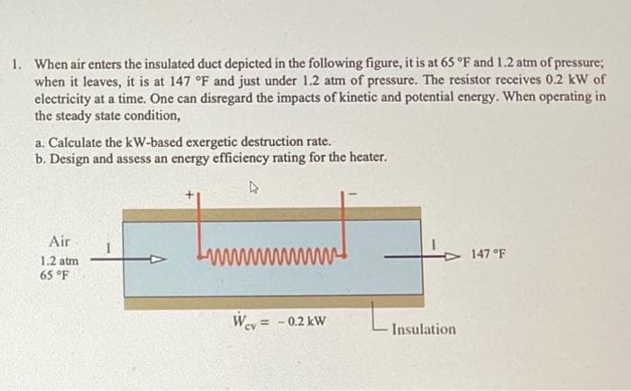 1. When air enters the insulated duct depicted in the following figure, it is at 65 °F and 1.2 atm of pressure;
when it leaves, it is at 147 °F and just under 1.2 atm of pressure. The resistor receives 0.2 kW of
electricity at a time. One can disregard the impacts of kinetic and potential energy. When operating in
the steady state condition,
a. Calculate the kW-based exergetic destruction rate.
b. Design and assess an energy efficiency rating for the heater.
Air
1.2 atm
65 °F
wwwwwwwwwww
Wev = -0.2 kW
Insulation
147 °F