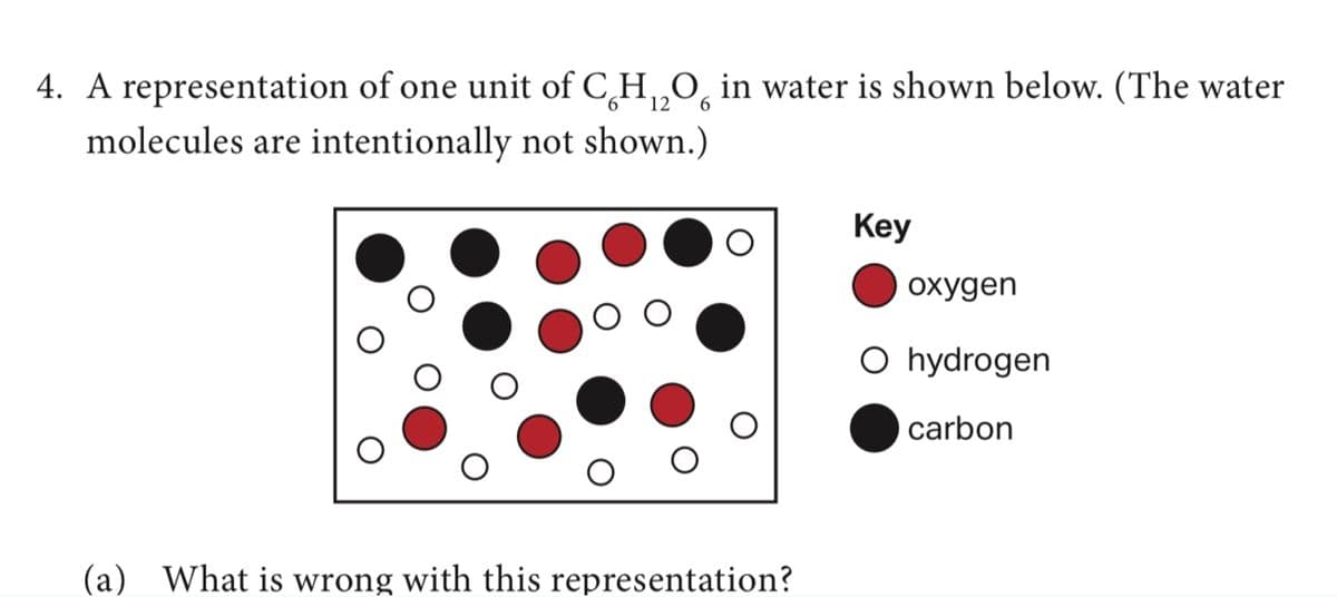 4. A representation of one unit of CHO in water is shown below. (The water
molecules are intentionally not shown.)
O
O
O
O
(a) What is wrong with this representation?
Key
oxygen
O hydrogen
carbon