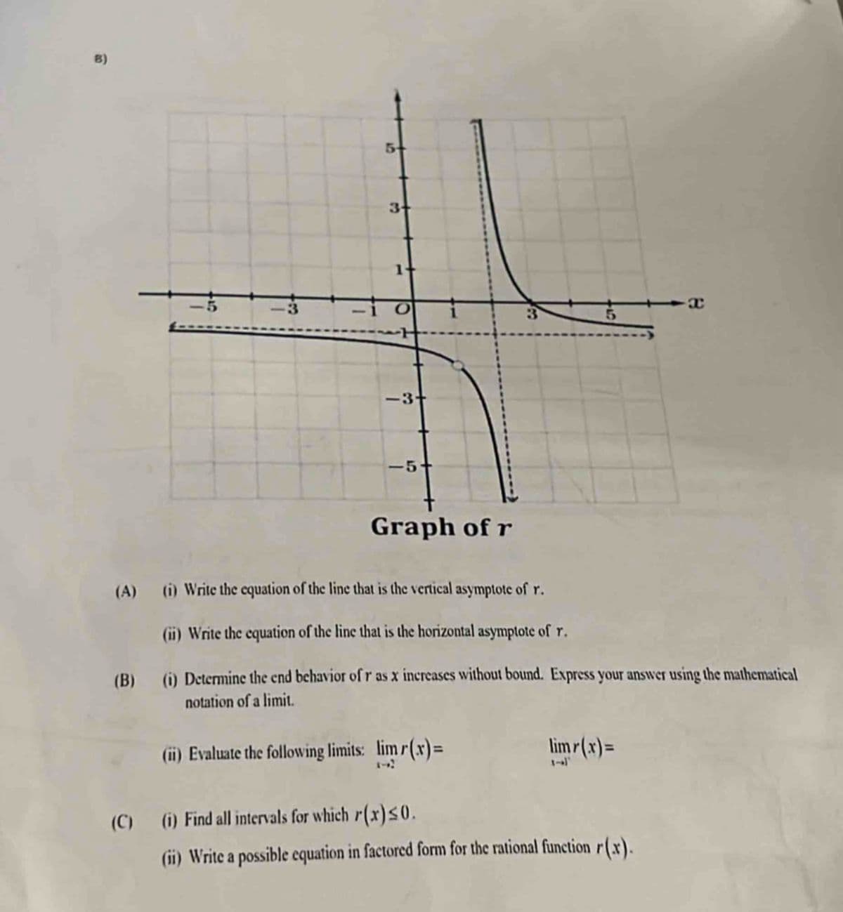 3+
-3+
5
Graph of r
(A) (i) Write the equation of the line that is the vertical asymptote of r.
(ii) Write the equation of the line that is the horizontal asymptote of r.
(B) (i) Determine the end behavior of r as x increases without bound. Express your answer using the mathematical
notation of a limit.
(ii) Evaluate the following limits: limr(x)=
1-2
(C) (i) Find all intervals for which r(x)≤0.
limr(x)=
(ii) Write a possible equation in factored form for the rational function r(x).