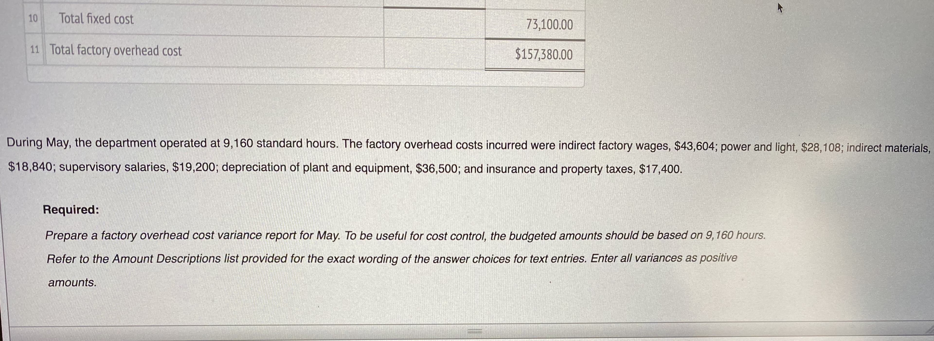 Prepare a factory overhead cost variance report for May. To be useful for cost control, the budgeted amounts should be based on 9,160 hours.
