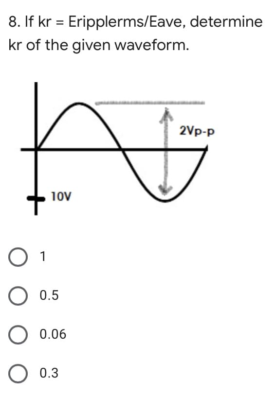 8. If kr = Eripplerms/Eave, determine
kr of the given waveform.
2Vp-p
10v
1
0.5
O 0.06
0.3
