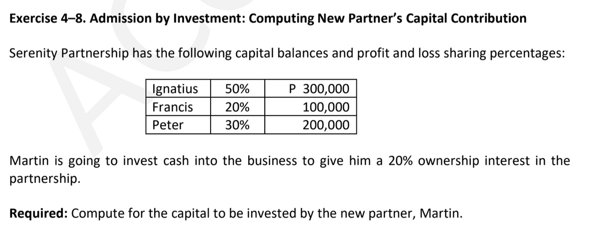 Exercise 4-8. Admission by Investment: Computing New Partner's Capital Contribution
Serenity Partnership has the following capital balances and profit and loss sharing percentages:
Р 300,000
100,000
Ignatius
50%
Francis
20%
Peter
30%
200,000
Martin is going to invest cash into the business to give him a 20% ownership interest in the
partnership.
Required: Compute for the capital to be invested by the new partner, Martin.
