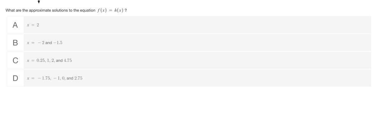 What are the approximate solutions to the equation f(x)
=
A
x = 2
B
X = - 2 and -1.5
C
X = 0.25, 1, 2, and 4.75
D
X = - 1.75, 1, 0, and 2.75
h(x)?