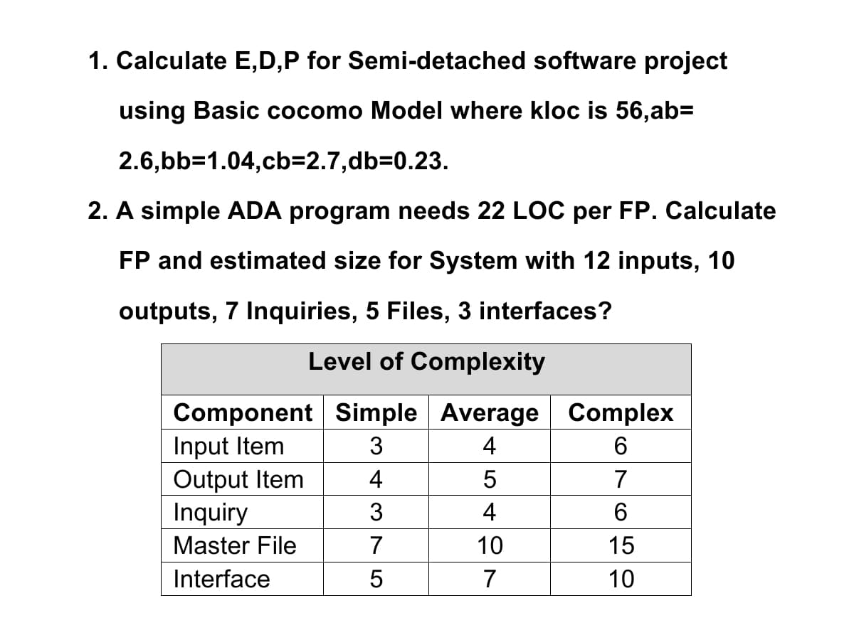 1. Calculate E,D,P for Semi-detached software project
using Basic cocomo Model where kloc is 56,ab=
2.6,bb=1.04,cb=2.7,db3D0.23.
2. A simple ADA program needs 22 LOC per FP. Calculate
FP and estimated size for System with 12 inputs, 10
outputs, 7 Inquiries, 5 Files, 3 interfaces?
Level of Complexity
Component Simple Average Complex
Input Item
3
4
6.
Output Item
Inquiry
4
7
3
4
6.
Master File
7
10
15
Interface
7
10
