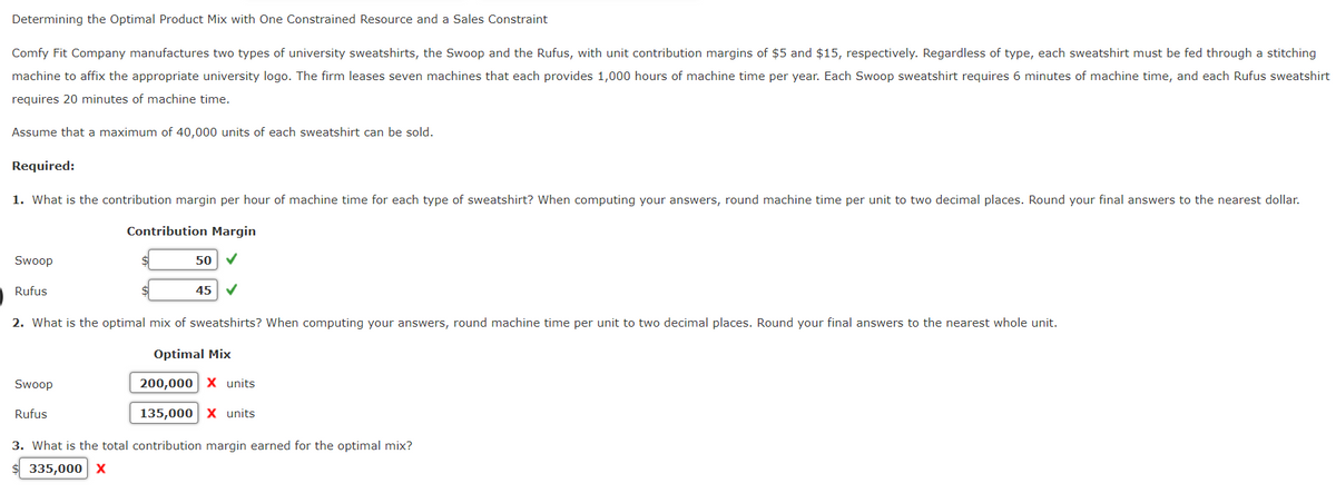 Determining the Optimal Product Mix with One Constrained Resource and a Sales Constraint
Comfy Fit Company manufactures two types of university sweatshirts, the Swoop and the Rufus, with unit contribution margins of $5 and $15, respectively. Regardless of type, each sweatshirt must be fed through a stitching
machine to affix the appropriate university logo. The firm leases seven machines that each provides 1,000 hours of machine time per year. Each Swoop sweatshirt requires 6 minutes of machine time, and each Rufus sweatshirt
requires 20 minutes of machine time.
Assume that a maximum of 40,000 units of each sweatshirt can be sold.
Required:
1. What is the contribution margin per hour of machine time for each type of sweatshirt? When computing your answers, round machine time per unit to two decimal places. Round your final answers to the nearest dollar.
Contribution Margin
50 ✓
45 ✓
Swoop
Rufus
2. What is the optimal mix of sweatshirts? When computing your answers, round machine time per unit to two decimal places. Round your final answers to the nearest whole unit.
Optimal Mix
200,000 X units
135,000 X units.
Swoop
Rufus
3. What is the total contribution margin earned for the optimal mix?
$ 335,000 X