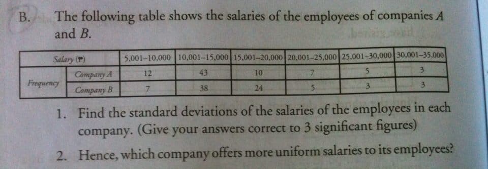 The following table shows the salaries of the employees of companies A
and B.
В.
Salary ()
5,001-10,000 10,001-15,000 15,001-20,000 20,001-25,000 25,001-30,000 30,001-35,000
Company A
12
43
10
3
Frequency
3.
3
Company B
38
24
1. Find the standard deviations of the salaries of the employees in each
company. (Give your answers correct to 3 significant figures)
2. Hence, which company offers more uniform salaries to its employees?
