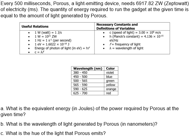 Every 500 milliseconds, Porous, a light-emitting device, needs 6917.82 zW (Zeptowatt)
of electricity (ms). The quantity of energy required to run the gadget at the given time is
equal to the amount of light generated by Porous.
Necessary Constants and
Definitions of Variables
Useful Relations
• 1 W (watt) = 1 )/s
• 1 w = 102í zw
• 1 Hz = 1s' (per second)
1 ev = 1.6022 x 10-18 J
Energy of photon of light (in eV) = hf
C = Af
C (speed of light) = 3.00 × 10® m/s
h (Planck's constant) = 4.136 x 10-15
eV/Hz
f= frequency of light
• A = wavelength of light
Wavelength (nm) Color
380 - 450
violet
450 - 500
500 - 565
565 - 590
590 - 625
blue
green
yellow
625 - 700
orange
red
a. What is the equivalent energy (in Joules) of the power required by Porous at the
given time?
b. What is the wavelength of light generated by Porous (in nanometers)?
c. What is the hue of the light that Porous emits?
