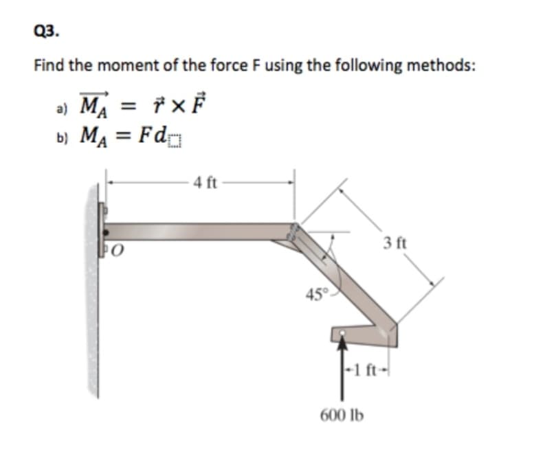 Q3.
Find the moment of the force F using the following methods:
a) MA = 7 × F
b) MA= Fd
0
4 ft
45°
3 ft
-1 ft--
600 lb