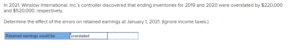 In 2021, Winslow International, Inc.'s controller discovered that ending inventories for 2019 and 2020 were overstated by $220,000
and $520,000, respectively.
Determine the effect of the errors on retained earnings at January 1, 2021. (Ignore income taxes.)
Retained earnings would be
overstated