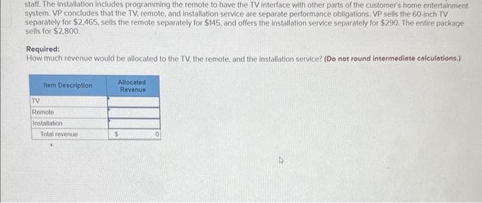 staff. The installation includes programming the remote to have the TV interface with other parts of the customer's home entertainment
system. VP concludes that the TV, remote, and installation service are separate performance obligations. VP sells the 60-inch TV
separately for $2.465, sells the remote separately for $145, and offers the installation service separately for $290. The entire package
sells for $2,800.
Required:
How much revenue would be allocated to the TV, the remote, and the installation service? (Do not round intermediate calculations.)
Item Description
TV
Remote
Installation
Total revenue
Allocated
Revenue
$