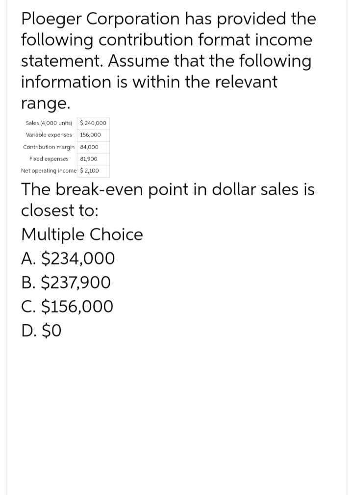 Ploeger Corporation has provided the
following contribution format income
statement. Assume that the following
information is within the relevant
range.
Sales (4,000 units) $ 240,000
Variable expenses
156,000
Contribution margin 84,000
Fixed expenses 81,900
Net operating income $2,100
The break-even point in dollar sales is
closest to:
Multiple Choice
A. $234,000
B. $237,900
C. $156,000
D. $0