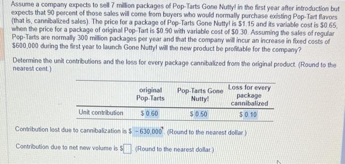 Assume a company expects to sell 7 million packages of Pop-Tarts Gone Nutty! in the first year after introduction but
expects that 90 percent of those sales will come from buyers who would normally purchase existing Pop-Tart flavors
(that is, cannibalized sales). The price for a package of Pop-Tarts Gone Nutty! is $1.15 and its variable cost is $0.65,
when the price for a package of original Pop-Tart is $0.90 with variable cost of $0.30. Assuming the sales of regular
Pop-Tarts are normally 300 million packages per year and that the company will incur an increase in fixed costs of
$600,000 during the first year to launch Gone Nutty! will the new product be profitable for the company?
Determine the unit contributions and the loss for every package cannibalized from the original product. (Round to the
nearest cent.)
Unit contribution
original
Pop-Tarts
$0.60
Pop-Tarts Gone
Nutty!
$0.50
Loss for every
package
cannibalized
$0.10
Contribution lost due to cannibalization is $ -630,000 (Round to the nearest dollar)
Contribution due to net new volume is S
(Round to the nearest dollar)
N