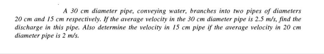 A 30 cm diameter pipe, conveying water, branches into two pipes of diameters
20 cm and 15 cm respectively. If the average velocity in the 30 cm diameter pipe is 2.5 m/s, find the
discharge in this pipe. Also determine the velocity in 15 cm pipe if the average velocity in 20 cm
diameter pipe is 2 m/s.