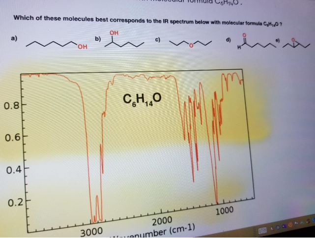 Which of these molecules best corresponds to the IR spectrum below with molecular formula C,H0?
a)
OH
b)
HO,
c)
0.8
C,H,,0
0.6
0.4
0.2
1000
2000
3000
anumber (cm-1)
