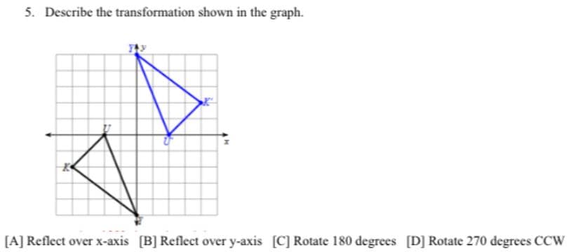 5. Describe the transformation shown in the graph.
[A] Reflect over x-axis [B] Reflect over y-axis [C] Rotate 180 degrees [D] Rotate 270 degrees CCW
