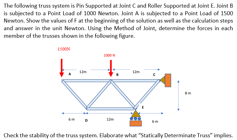 The following truss system is Pin Supported at Joint C and Roller Supported at Joint E. Joint B
is subjected to a Point Load of 1000 Newton. Joint A is subjected to a Point Load of 1500
Newton. Show the values of F at the beginning of the solution as well as the calculation steps
and answer in the unit Newton. Using the Method of Joint, determine the forces in each
member of the trusses shown in the following figure.
1500N
1000 N
12m
12m
A
8 m
6 m
D
12m
6 m
Check the stability of the truss system. Elaborate what “Statically Determinate Truss" implies.
