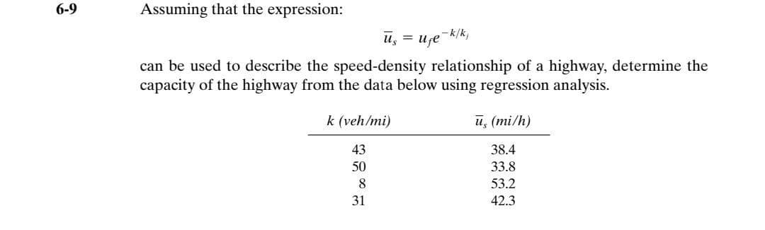 6-9
Assuming that the expression:
- k/k,
us = Ufe
can be used to describe the speed-density relationship of a highway, determine the
capacity of the highway from the data below using regression analysis.
k (veh/mi)
u, (mi/h)
43
38.4
50
33.8
8.
53.2
31
42.3
