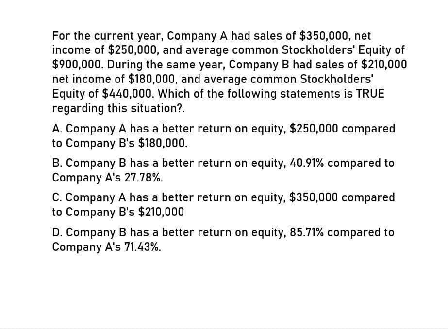 For the current year, Company A had sales of $350,000, net
income of $250,000, and average common Stockholders' Equity of
$900,000. During the same year, Company B had sales of $210,000
net income of $180,000, and average common Stockholders'
Equity of $440,000. Which of the following statements is TRUE
regarding this situation?.
A. Company A has a better return on equity, $250,000 compared
to Company B's $180,000.
B. Company B has a better return on equity, 40.91% compared to
Company A's 27.78%.
C. Company A has a better return on equity, $350,000 compared
to Company B's $210,000
D. Company B has a better return on equity, 85.71% compared to
Company A's 71.43%.