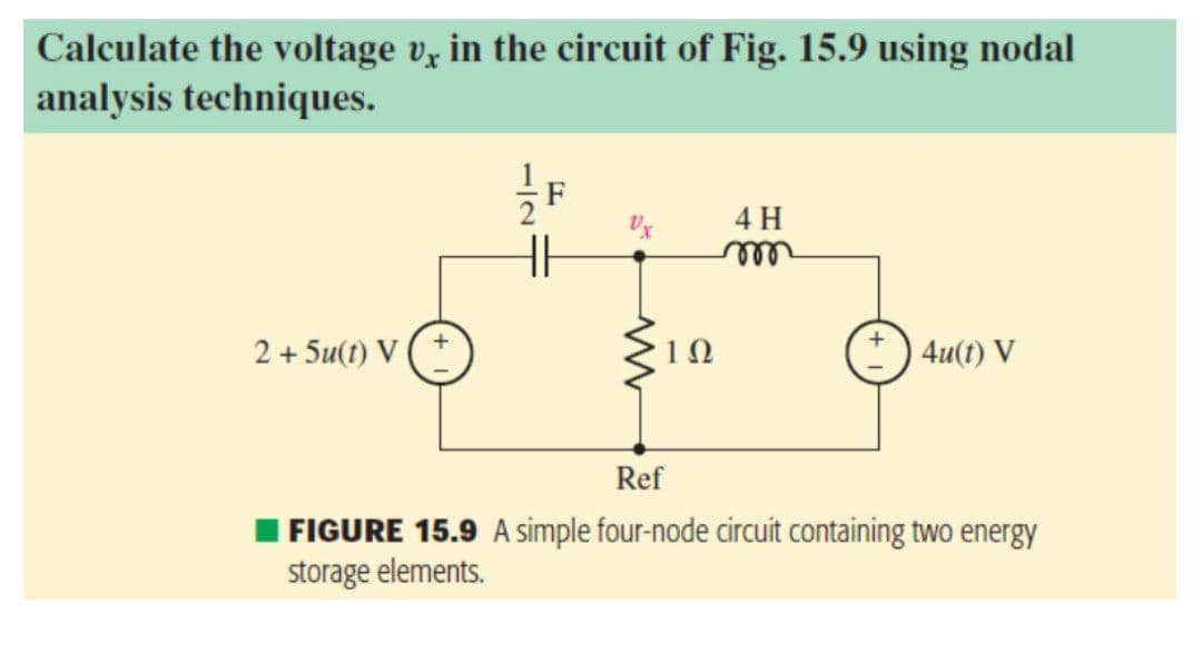 Calculate the voltage v, in the circuit of Fig. 15.9 using nodal
analysis techniques.
4 H
ell
2 + 5u(t) V
4u(t) V
Ref
FIGURE 15.9 A simple four-node circuit containing two energy
storage elements.
