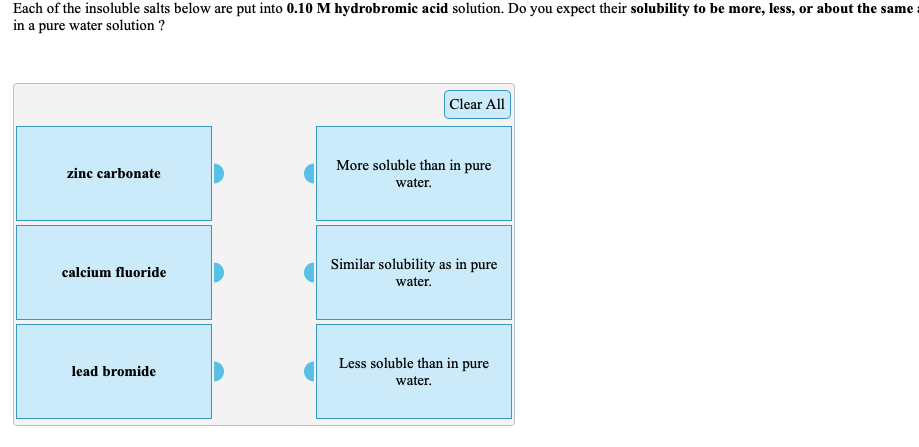 Each of the insoluble salts below are put into 0.10 M hydrobromic acid solution. Do you expect their solubility to be more, less, or about the same
in a pure water solution ?
Clear All
More soluble than in pure
zinc carbonate
water.
Similar solubility as in pure
calcium fluoride
water.
Less soluble than in pure
lead bromide
water.
