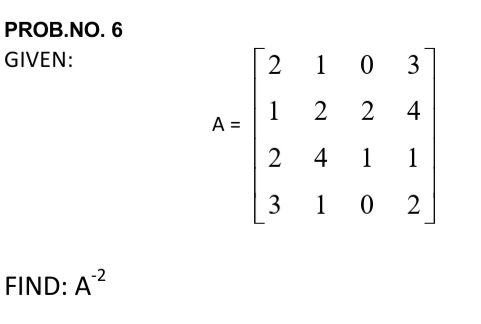 PROB.NO. 6
1 0
GIVEN:
2
1
A =
2
4
2
4
1
1
3
1 0
2
-2
FIND: A?
