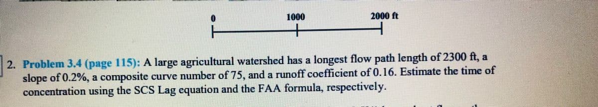 0.
1000
2000 ft
2. Problem 3.4 (page 115): A large agricultural watershed has a longest flow path length of 2300 ft, a
slope of 0.2%, a composite curve number of 75, and a runoff coefficient of O.16. Estimate the time of
concentration using the SCS Lag equation and the FAA formula, respectively.
