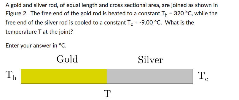 A gold and silver rod, of equal length and cross sectional area, are joined as shown in
Figure 2. The free end of the gold rod is heated to a constant T₁ = 320 °C, while the
free end of the silver rod is cooled to a constant T = -9.00 °C. What is the
temperature T at the joint?
Enter your answer in °C.
Th
Gold
T
Silver
Te