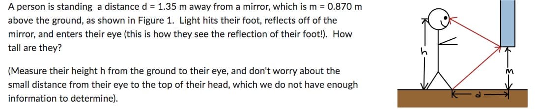 A person is standing a distance d = 1.35 m away from a mirror, which is m = 0.870 m
above the ground, as shown in Figure 1. Light hits their foot, reflects off of the
mirror, and enters their eye (this is how they see the reflection of their foot!). How
tall are they?
(Measure their height h from the ground to their eye, and don't worry about the
small distance from their eye to the top of their head, which we do not have enough
information to determine).